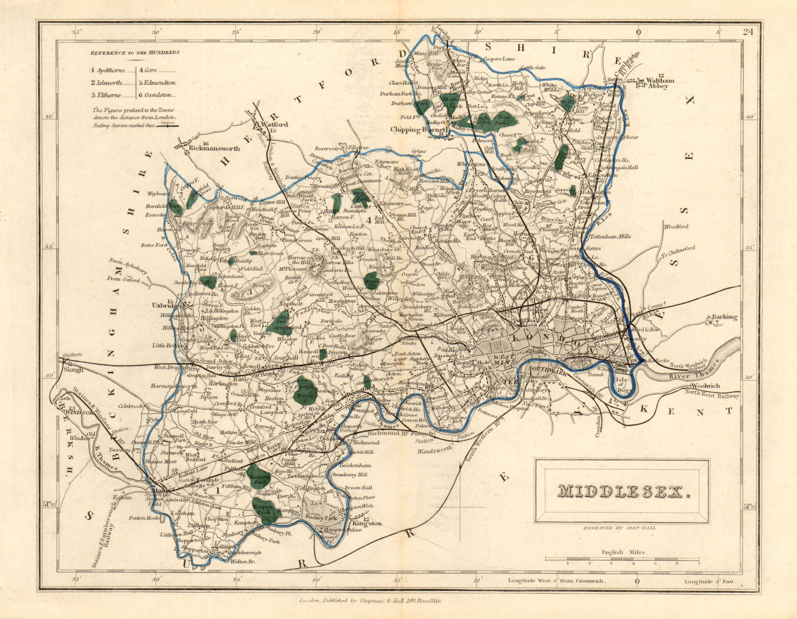 Antique county map of MIDDLESEX by Sidney Hall c1830 old chart